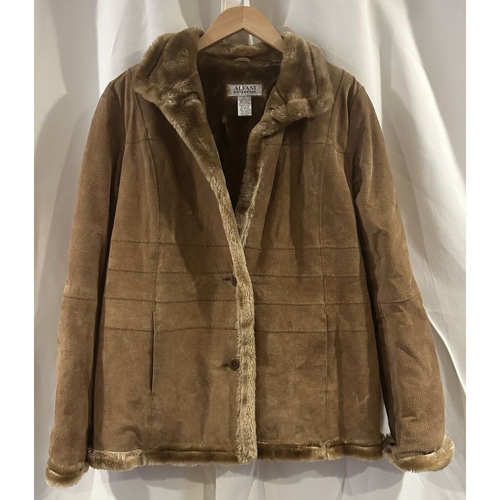 Alfani Outwear Women's Size L Genuine Leather Faux Fur Shearling Coat Jacket